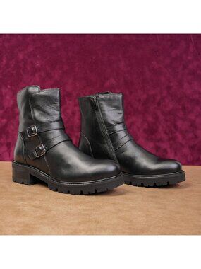 La Canadienne Women Carly Black Leather Waterproof Moto Ankle Boots sz 9.5